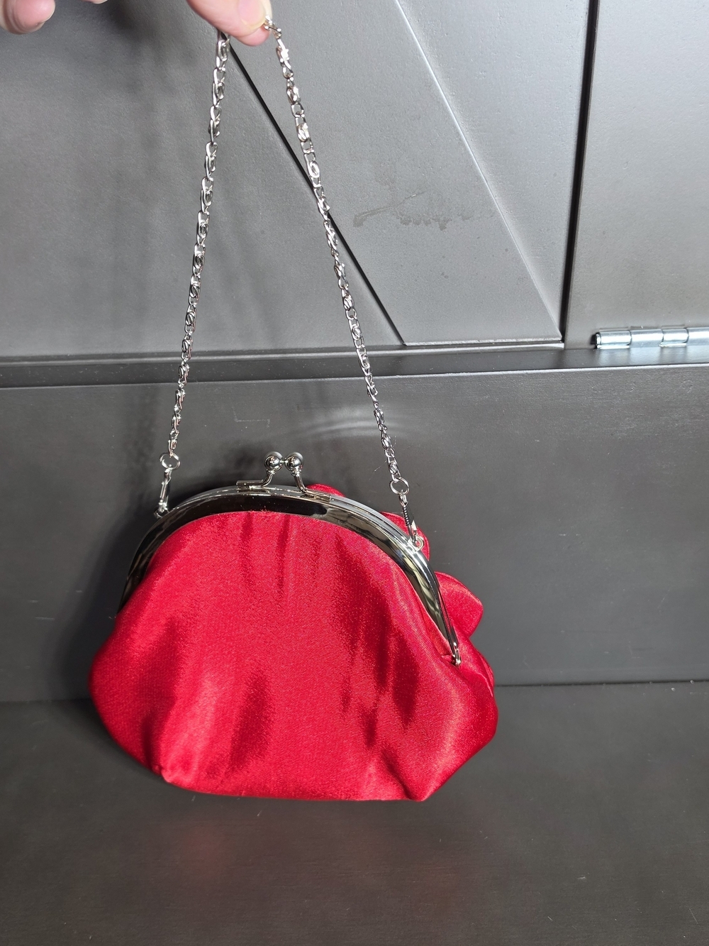 Daniel Ames Couture Vintage Red Floral Satin Kiss Lock Purse Rhinestone Silver - Picture 3 of 8